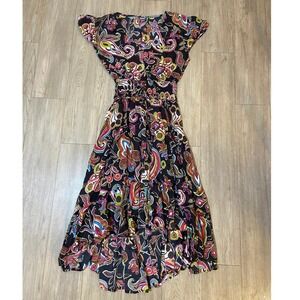 Midnight Sun Womens L Paisley Cotton Boho High Low Smocked Midi Dress Black